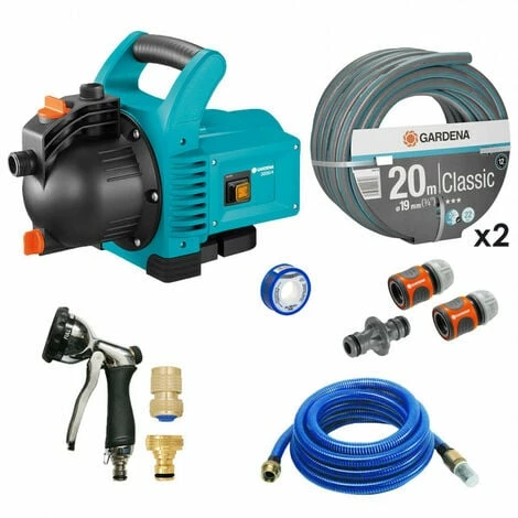 Pack Pompe D'arrosage 3000/4 + Tuyau Ø19mm 2x20m + Kit Connexion + Kit Aspiration Laiton + Pistolet + Raccords Laiton GARDENA 3 Pack Pompe D'arrosage 3000/4 + Tuyau Ø19mm 2x20m + Kit Connexion + Kit Aspiration Laiton + Pistolet + Raccords Laiton GARDENA